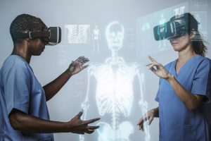 Doctors wearing VR simulation with hologram medical technology